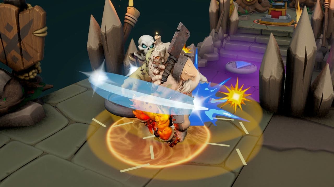 The Fire Golem takes on Gorgor inside a ring of fire on the stone board.